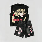 Fashion Tokyo Cherry Blossom Character Vest And Jorts Set