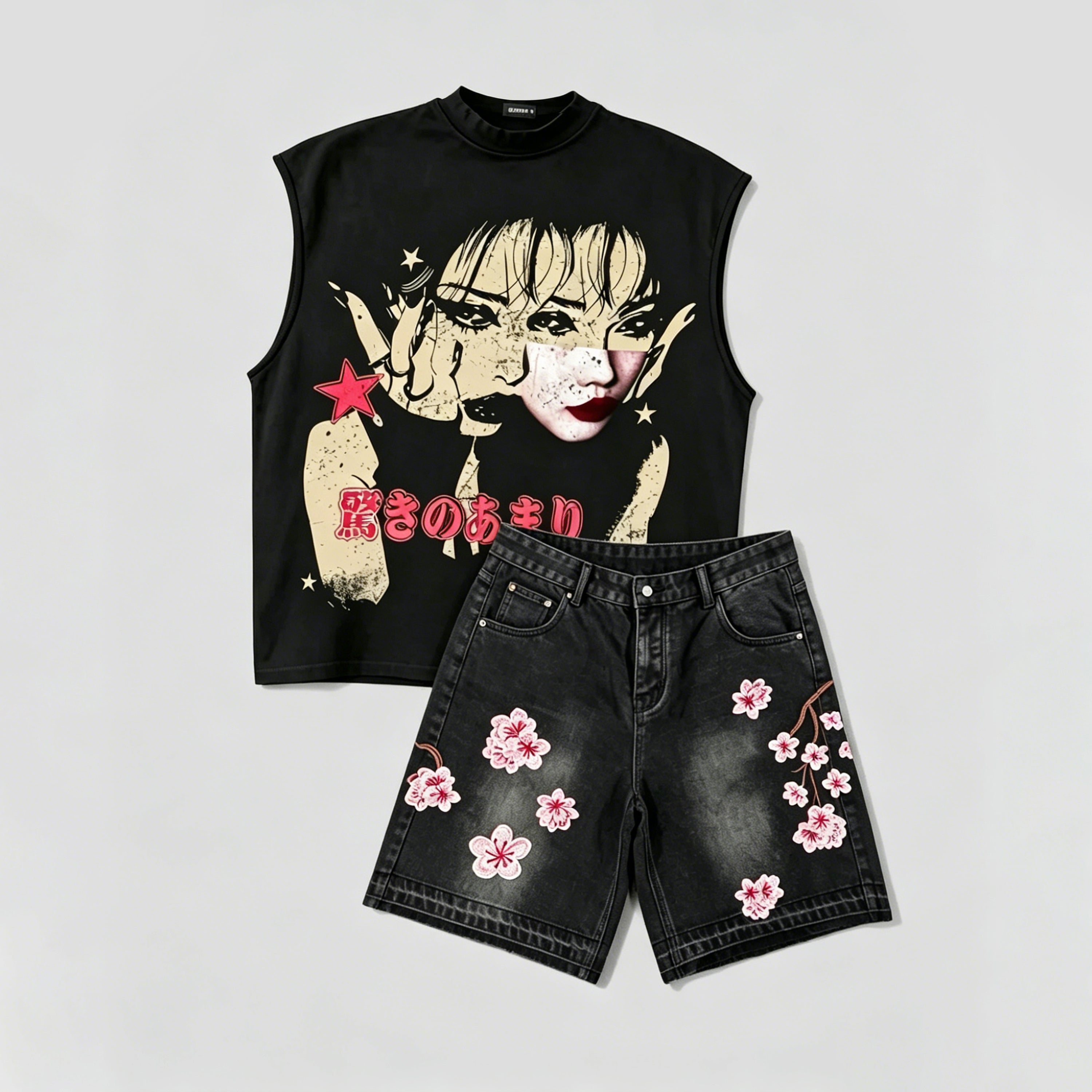 Fashion Tokyo Cherry Blossom Character Vest And Jorts Set