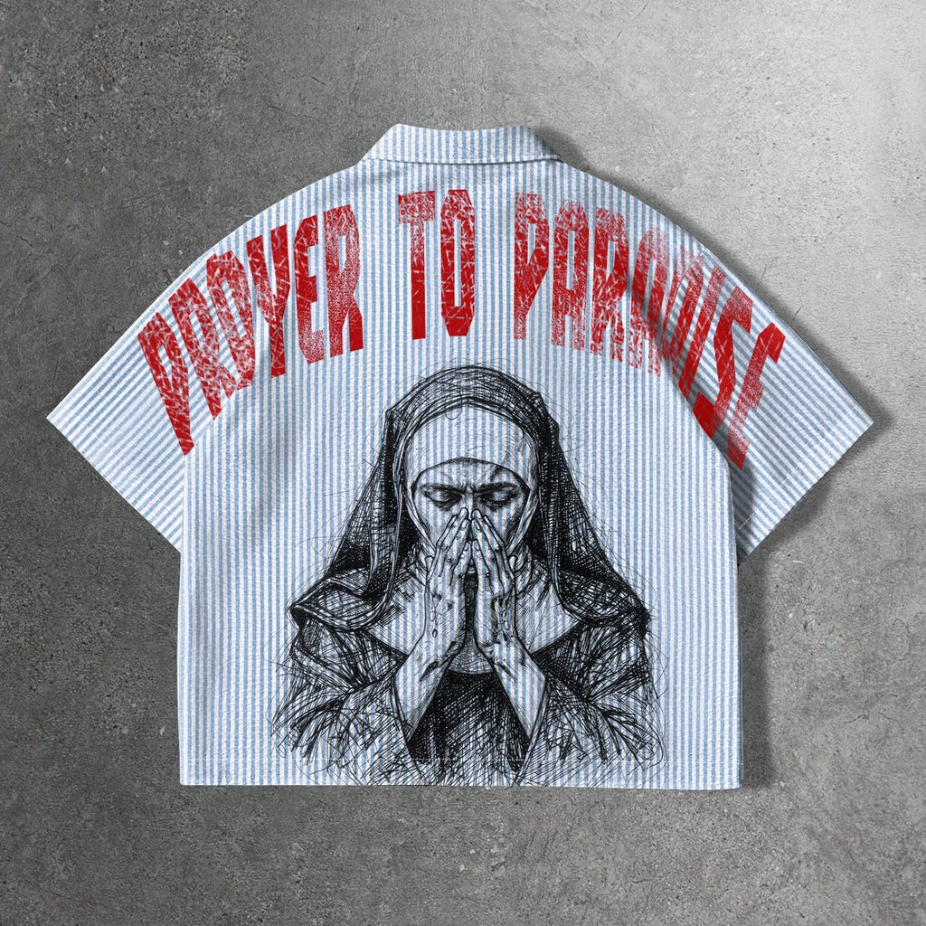 Men's Striped Nun Print Loose Short-sleeved Shirt