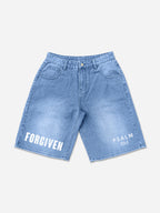 Forgiven Psalm 32：1 Print Graphic Denim Shorts