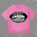 Mens Retro Casual Personalized Lip Print Acid Washed Short Sleeve T-Shirt