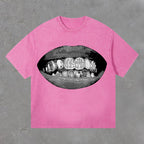 Mens Retro Casual Personalized Lip Print Acid Washed Short Sleeve T-Shirt