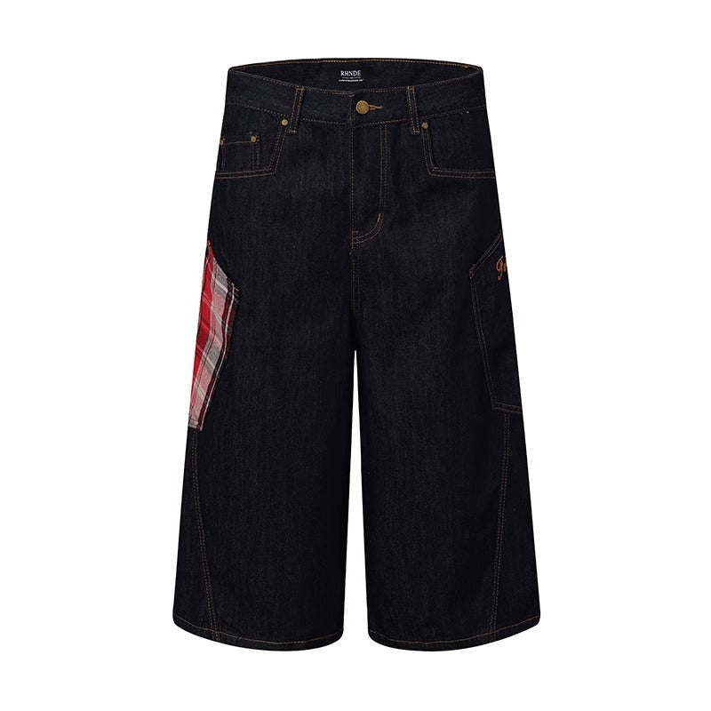 Streetwear Plaid Patchwork Loose Denim Shorts