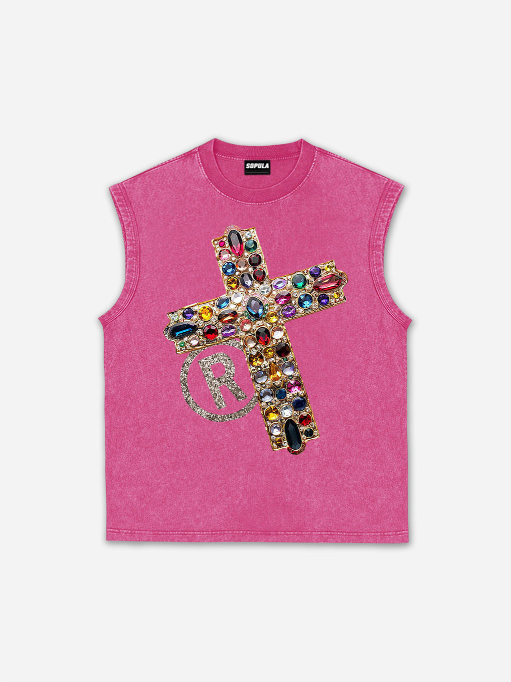 Diamond Cross Graphic Casual Acid Washed Tank Top