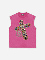 Diamond Cross Graphic Casual Acid Washed Tank Top