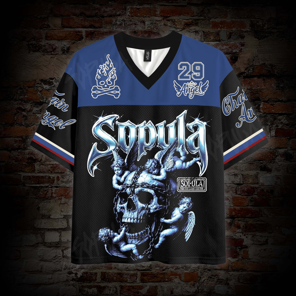 American Retro Chain Skull Angel Sports Jersey Graphic Mesh Jersey T-shirt