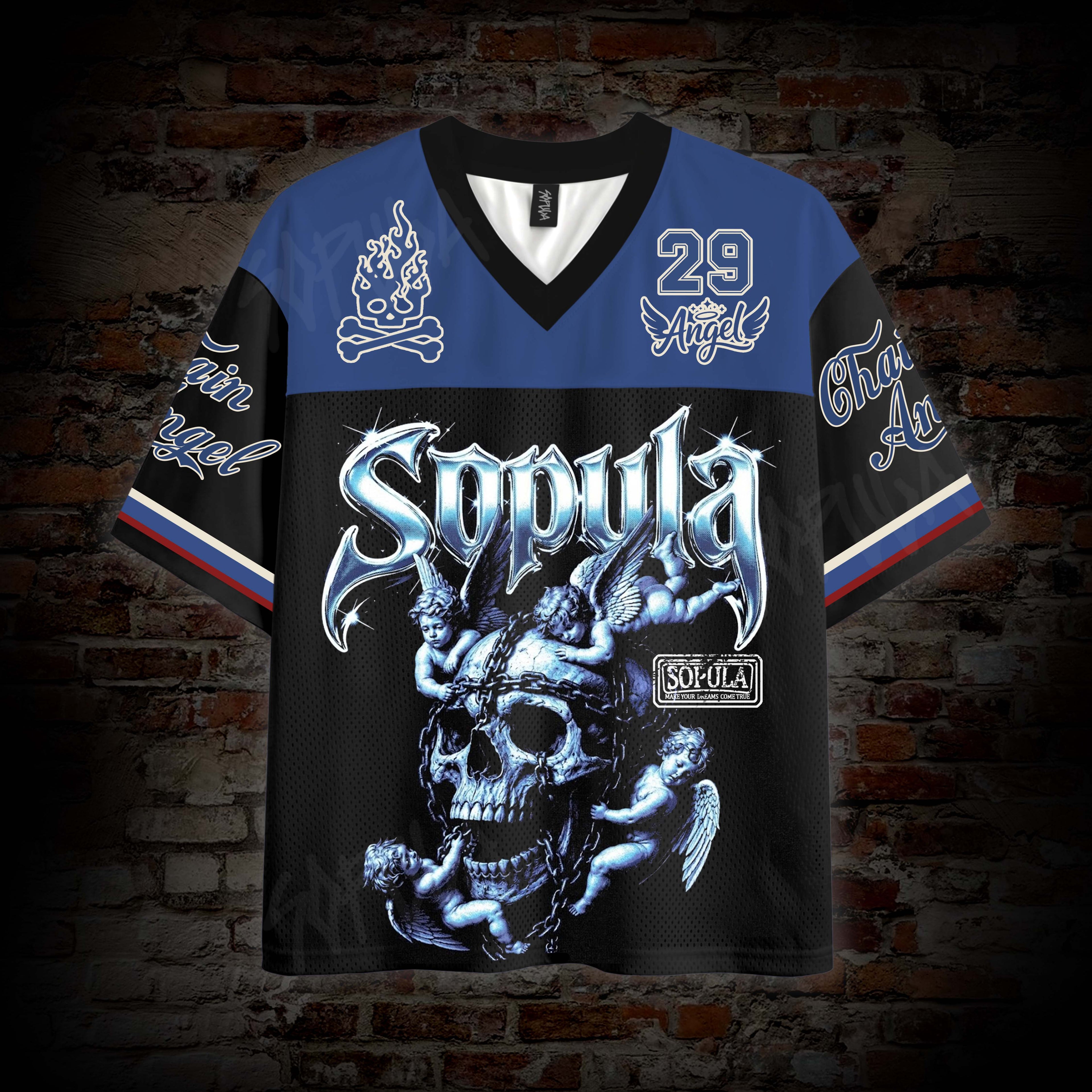 American Retro Chain Skull Angel Sports Jersey Graphic Mesh Jersey T-shirt