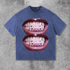 Personalized Lip Graphic Print Street Acid Washed T-Shirt