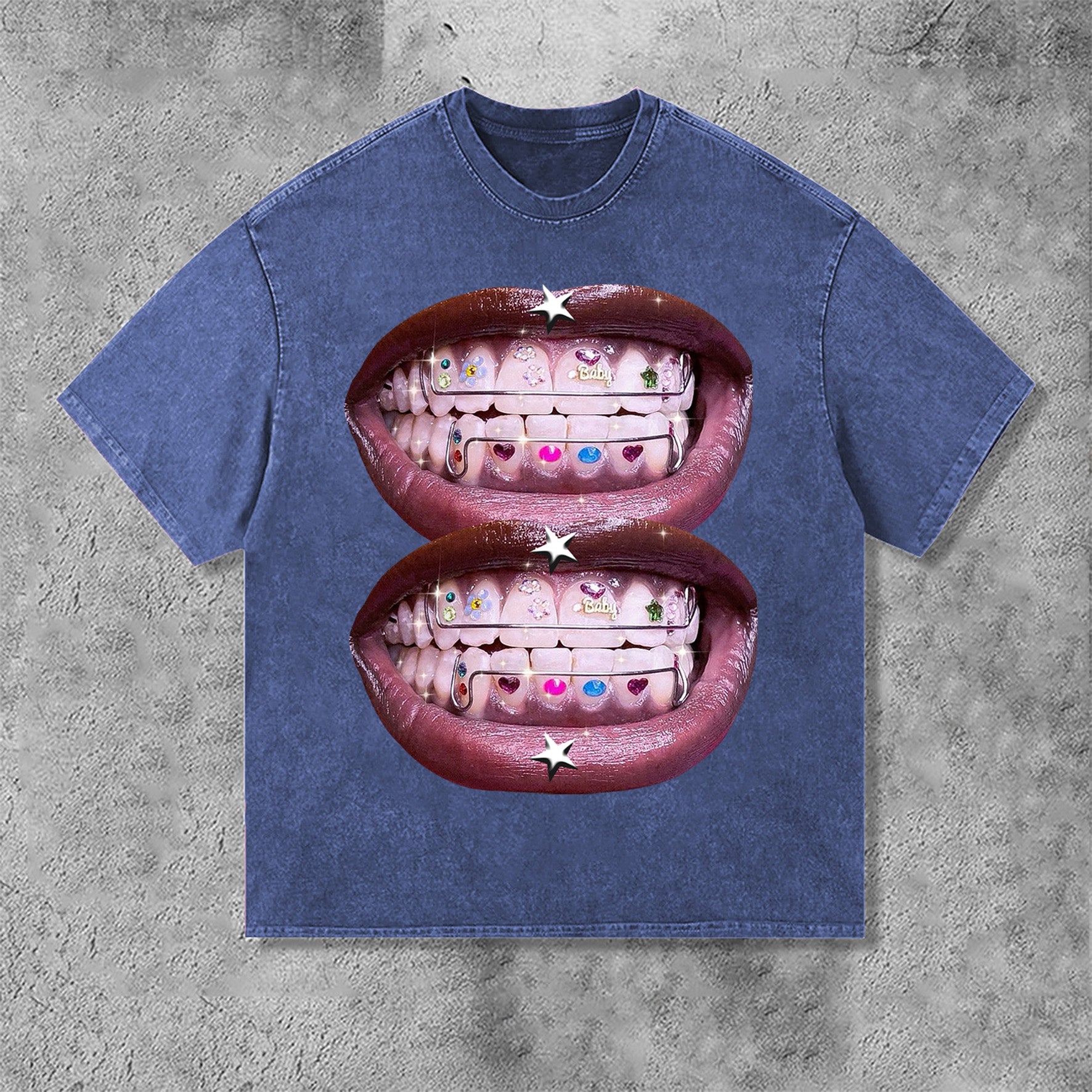 Personalized Lip Graphic Print Street Acid Washed T-Shirt
