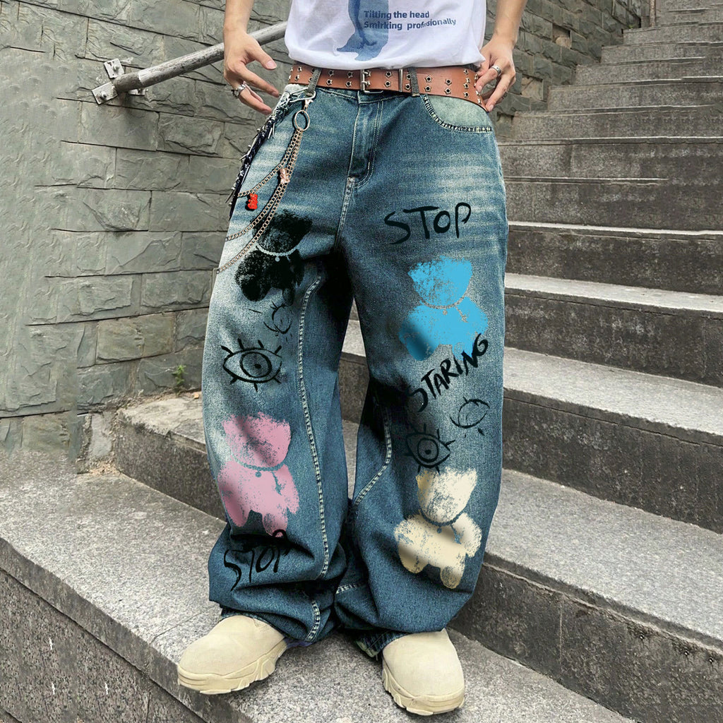 Men's Fashion Y2k Retro Japanese Dragon Pattern  Baggy Jeans