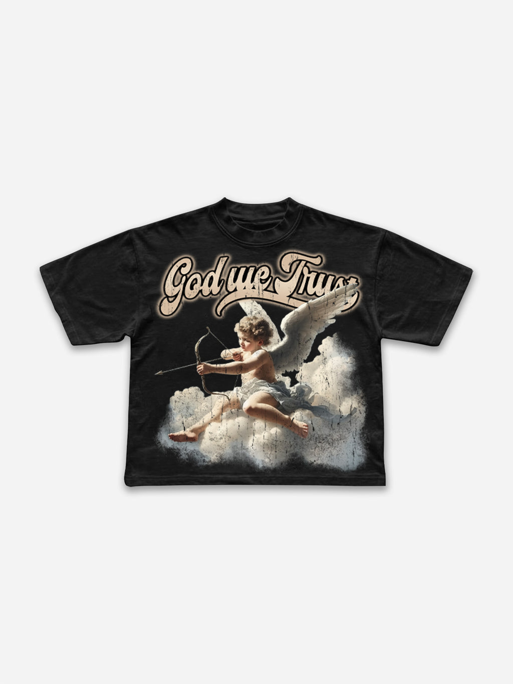 God We Trust Cupid Angel Aged Vintage Graphic Cropped T-shirt