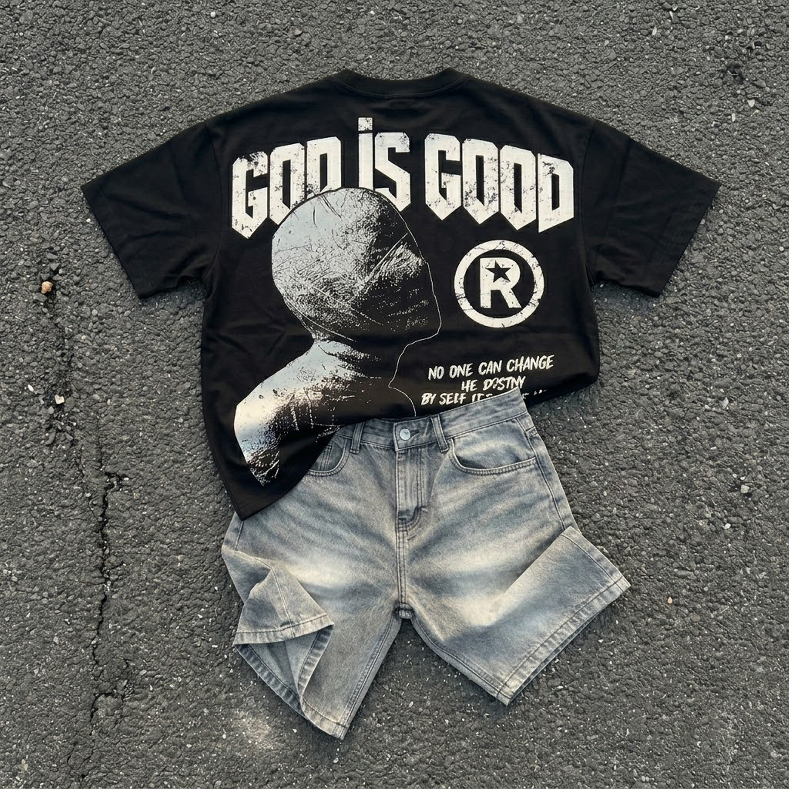 God Is Good Mummy Graphic T-shirt & Vintage Baggy Denim Shorts