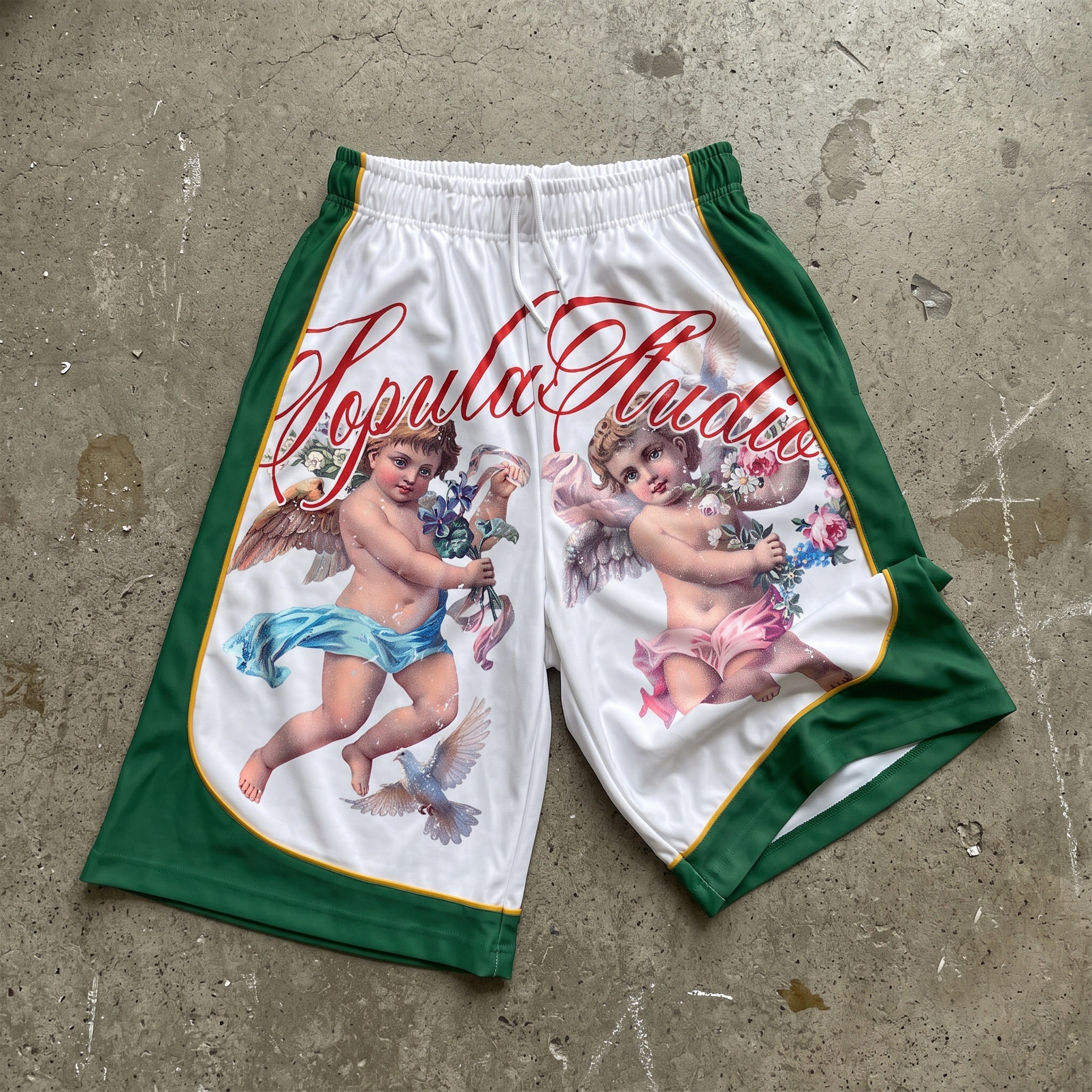 Flower Angel Graphic Color Blocking Drawstring Shorts