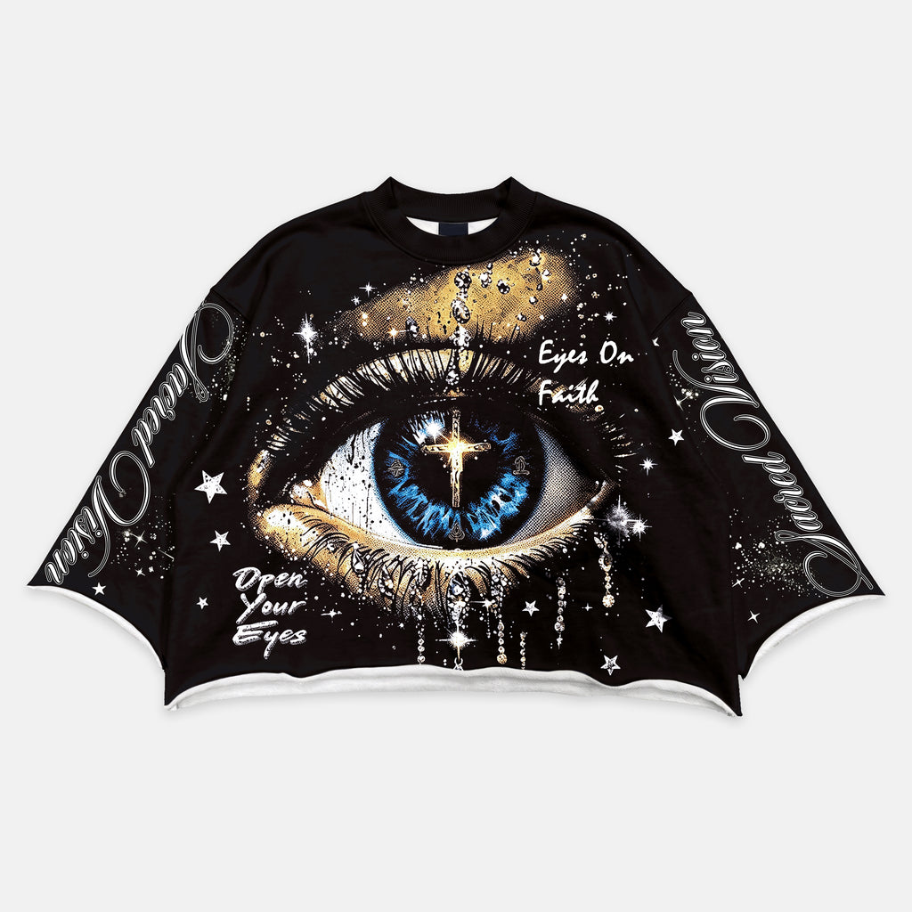 Y2k Retro God's Eye Cross Star Graphic Boxy Crop Crimped Edge T-shirt