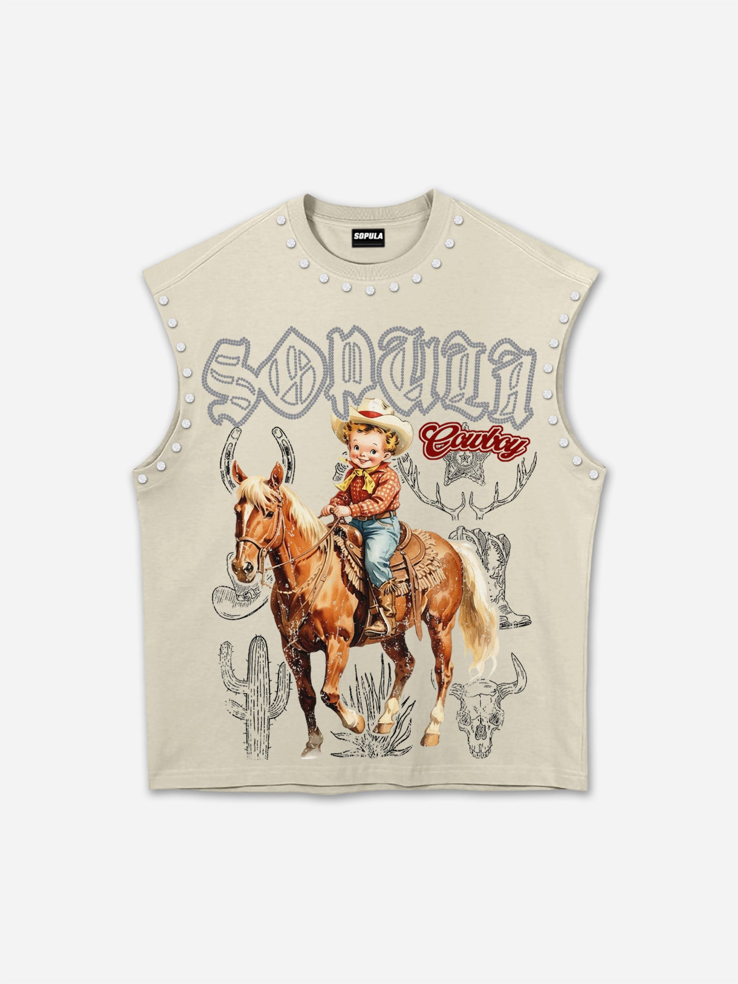 Cowboy Western Elements Retro Graphic Rhinestone Tank Top