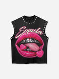 Metal Cross Braces Vintage Red Lips Graphic Tank Top