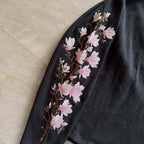 Waffle Japanese Floral Embroidered Long-sleeved T-shirt