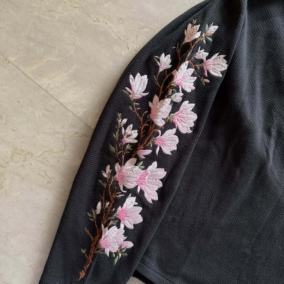 Waffle Japanese Floral Embroidered Long-sleeved T-shirt