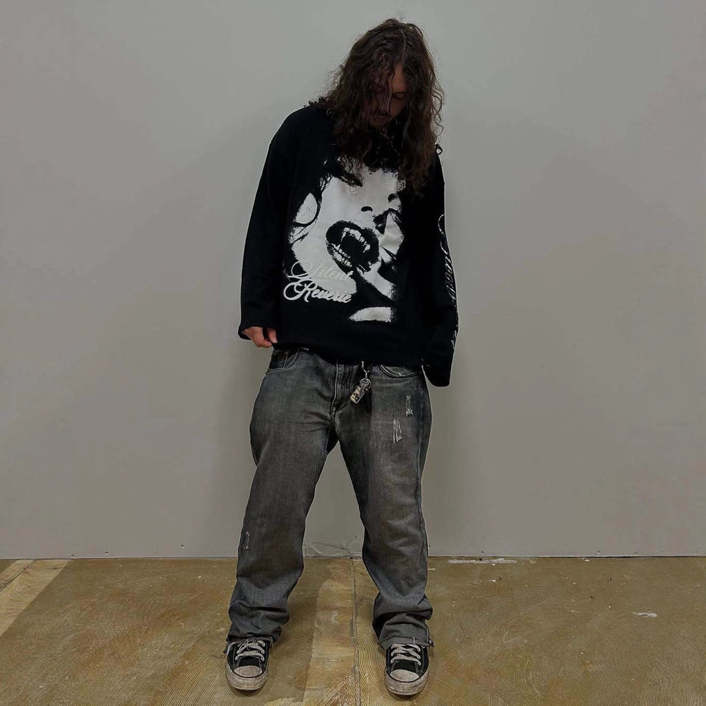 Y2k Dark Style Vampire Thermal Pattern Waffle  Long-sleeve T-shirt