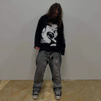 Y2k Dark Style Vampire Thermal Pattern Waffle  Long-sleeve T-shirt