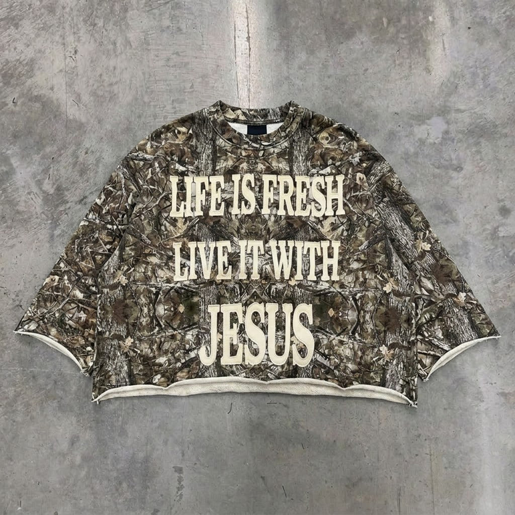 Retro Life Is Fresh, Live It With Jesus Graphic Boxy Crop Crimped Edge T-shirt
