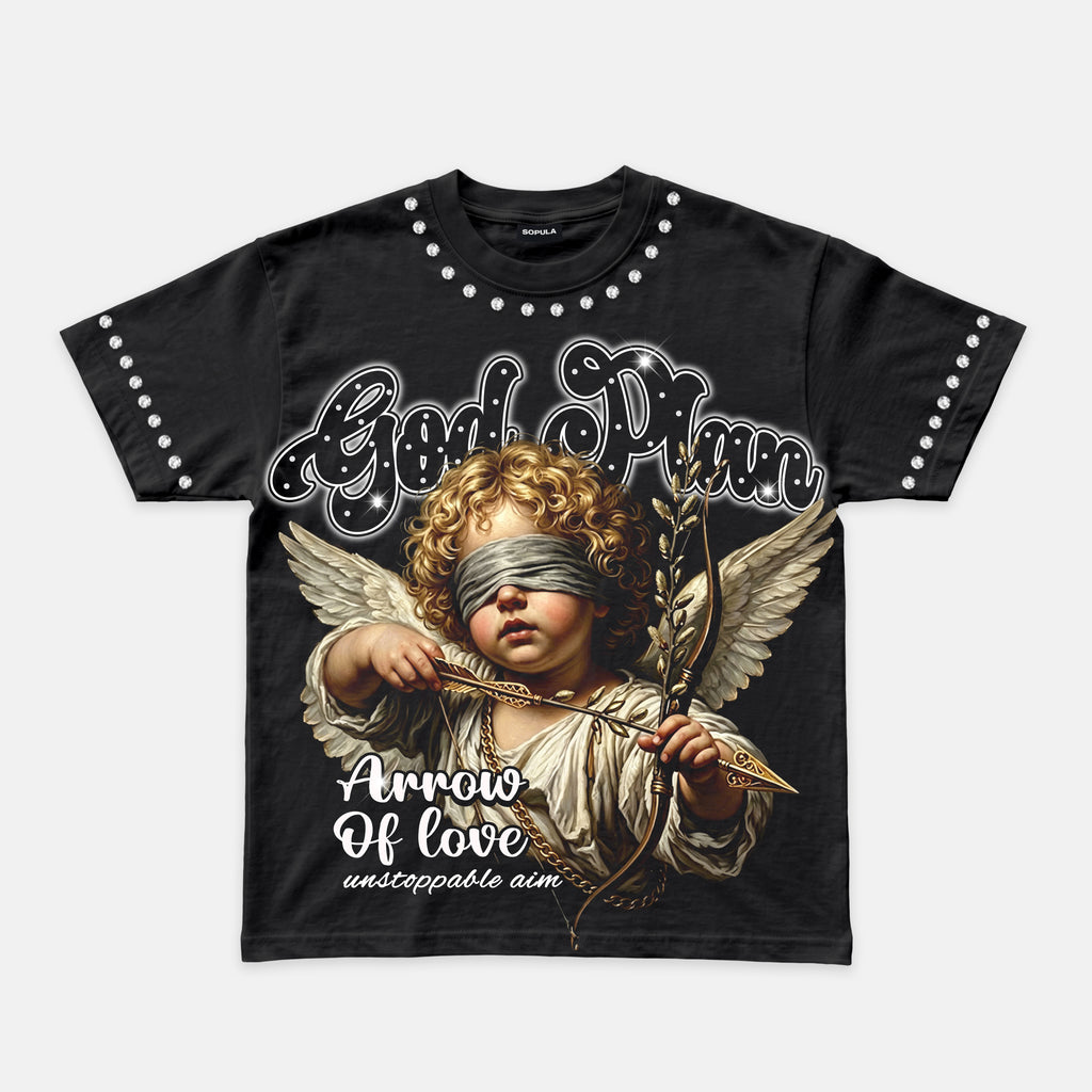Retro God's Plan Angel Cupid Graphic Rhinestone T-shirt