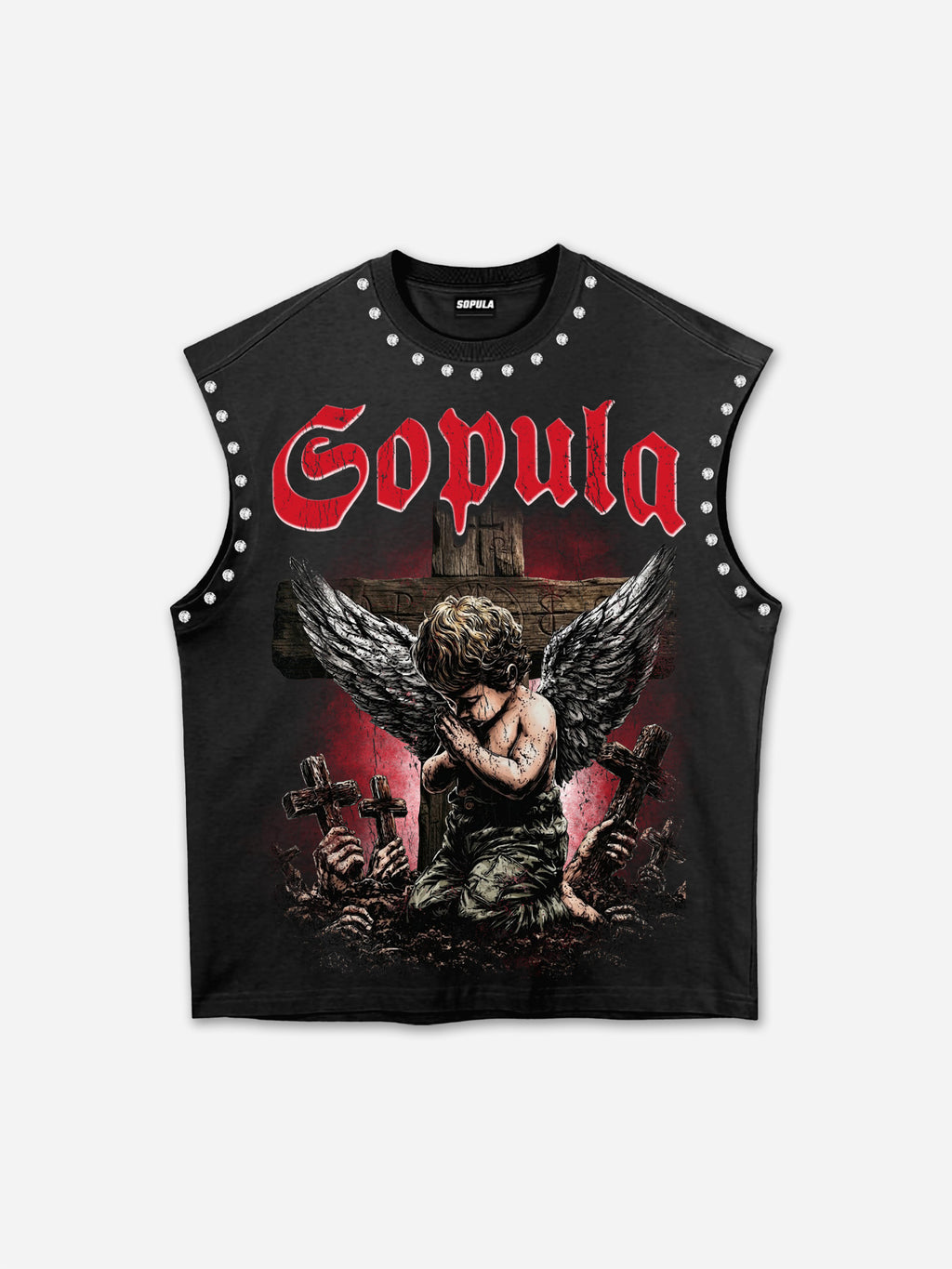 Angels Praying In Hell Vintage Graphic Rhinestone Tank Top
