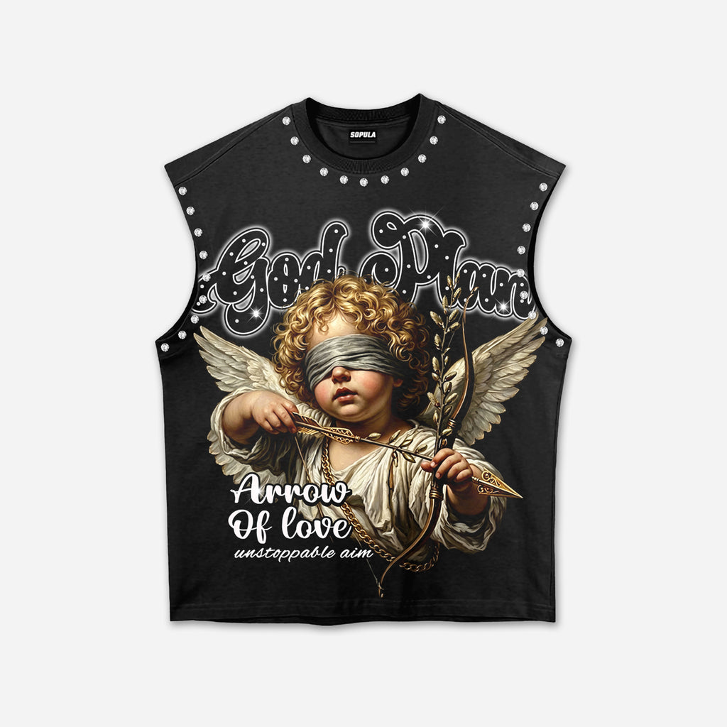 Retro God's Plan Angel Cupid Graphic Rhinestone Tank Top
