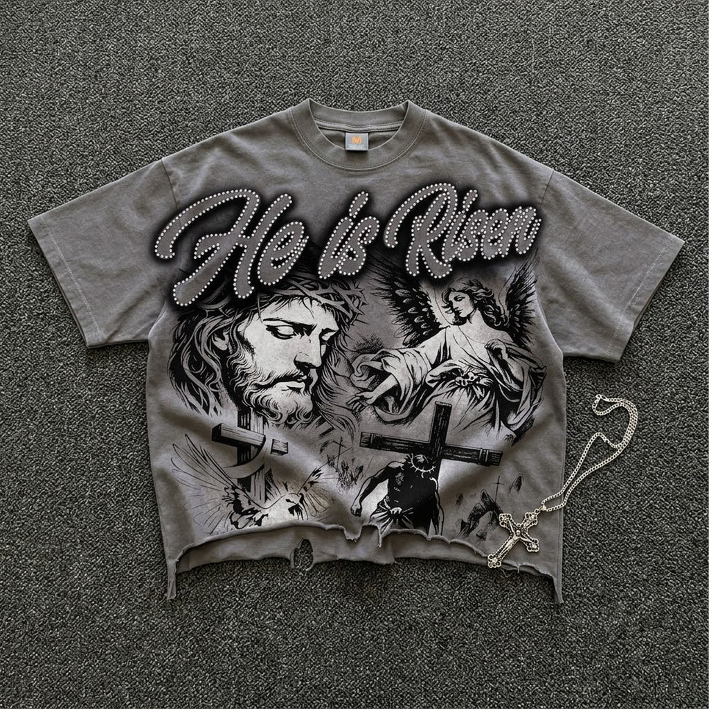 He Is Risen Vintage Jesus Graphic Crop Ripped T-shirt
