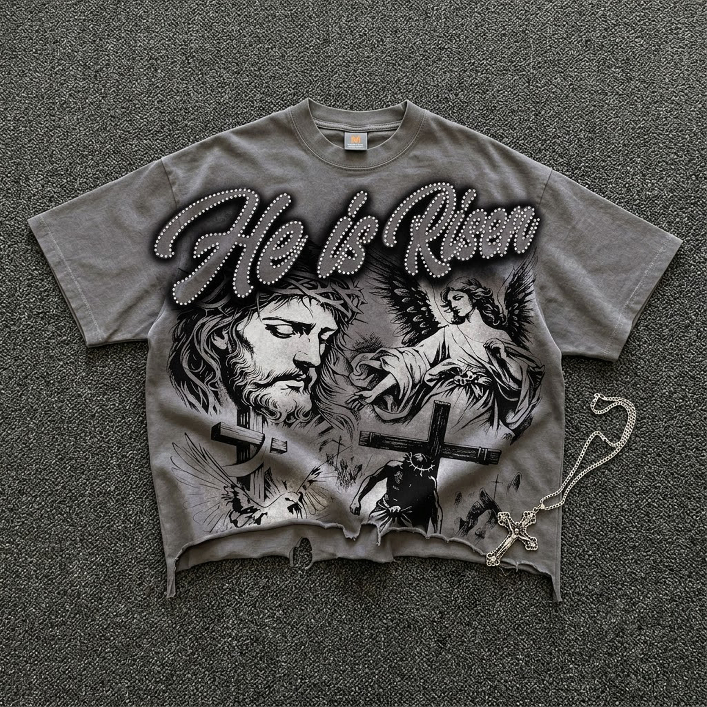 He Is Risen Vintage Jesus Graphic Crop Ripped T-shirt