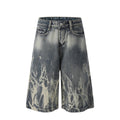 Hip-hop Washed Flame Pattern Loose Denim Shorts