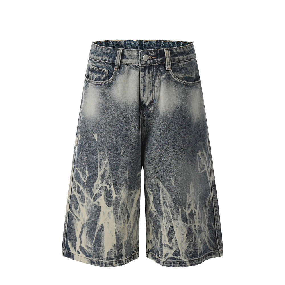 Hip-hop Washed Flame Pattern Loose Denim Shorts