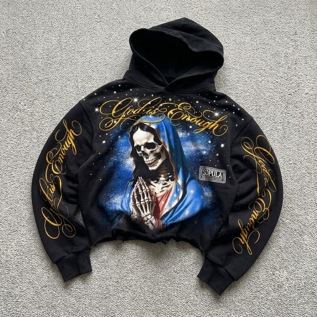God Is Enough Skeleton Madonna Rhinestone Craft Graphic Cropped Hoodie