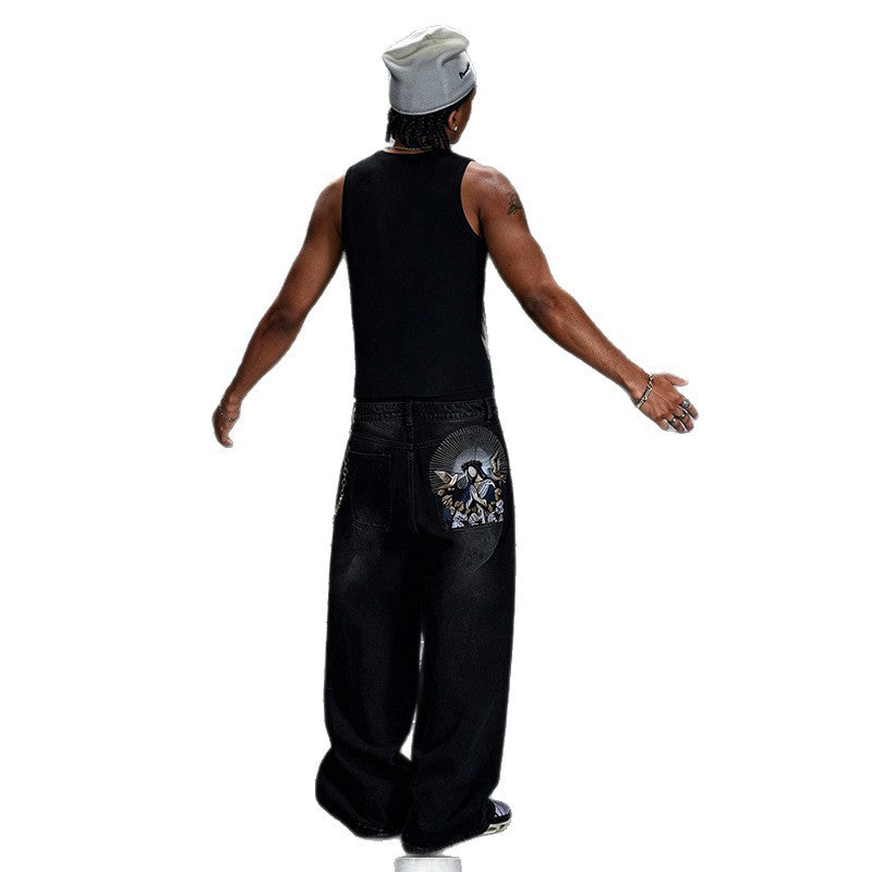 Men's Retro Madonna Embroidered Baggy Scimitar Washed Jeans