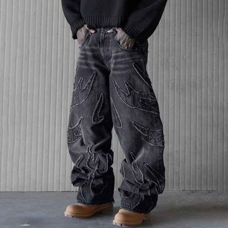 Unisex Flame AppliquÉ Wide-leg Baggy Jeans