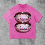 Personalized Lip Graphic Print Street Acid Washed T-Shirt