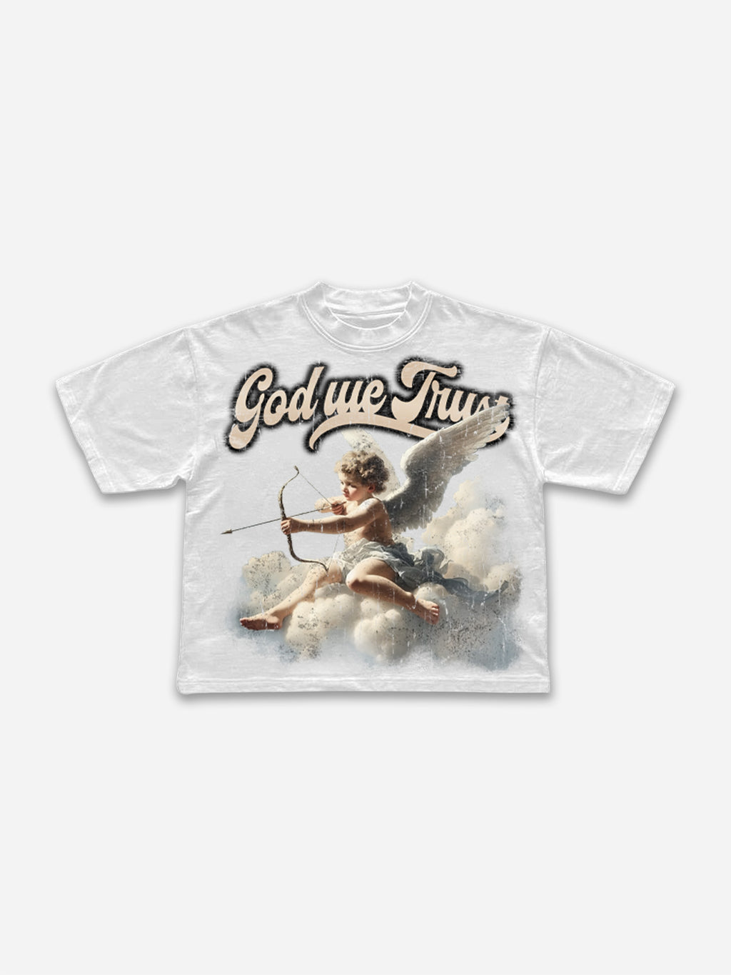 God We Trust Cupid Angel Aged Vintage Graphic Cropped T-shirt