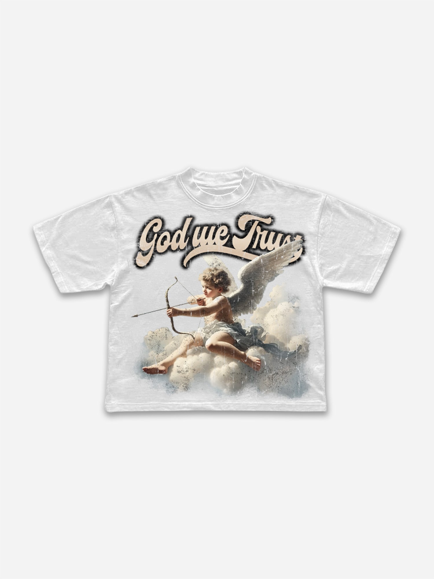 God We Trust Cupid Angel Aged Vintage Graphic Cropped T-shirt