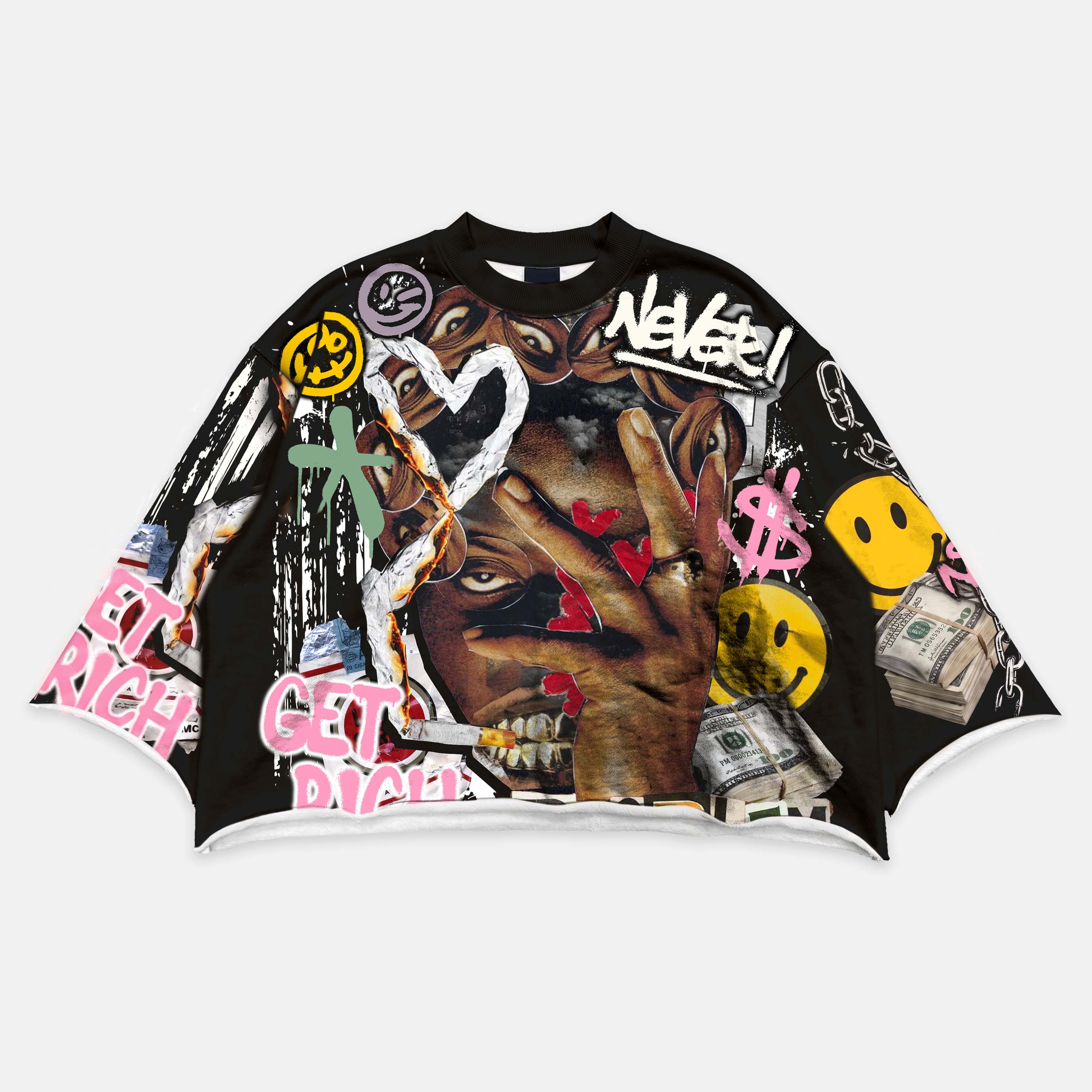 Get Rich Vintage Abstract Man Graphic Boxy Crop Crimped Edge T-shirt