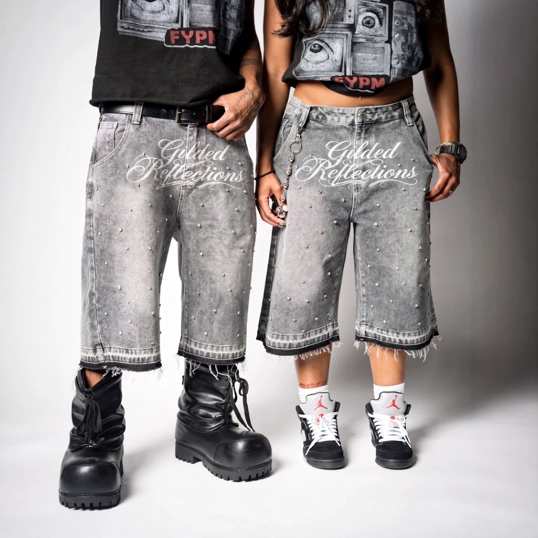 Retro Y2k Trendy Letter Rhinestone Loose Denim Shorts