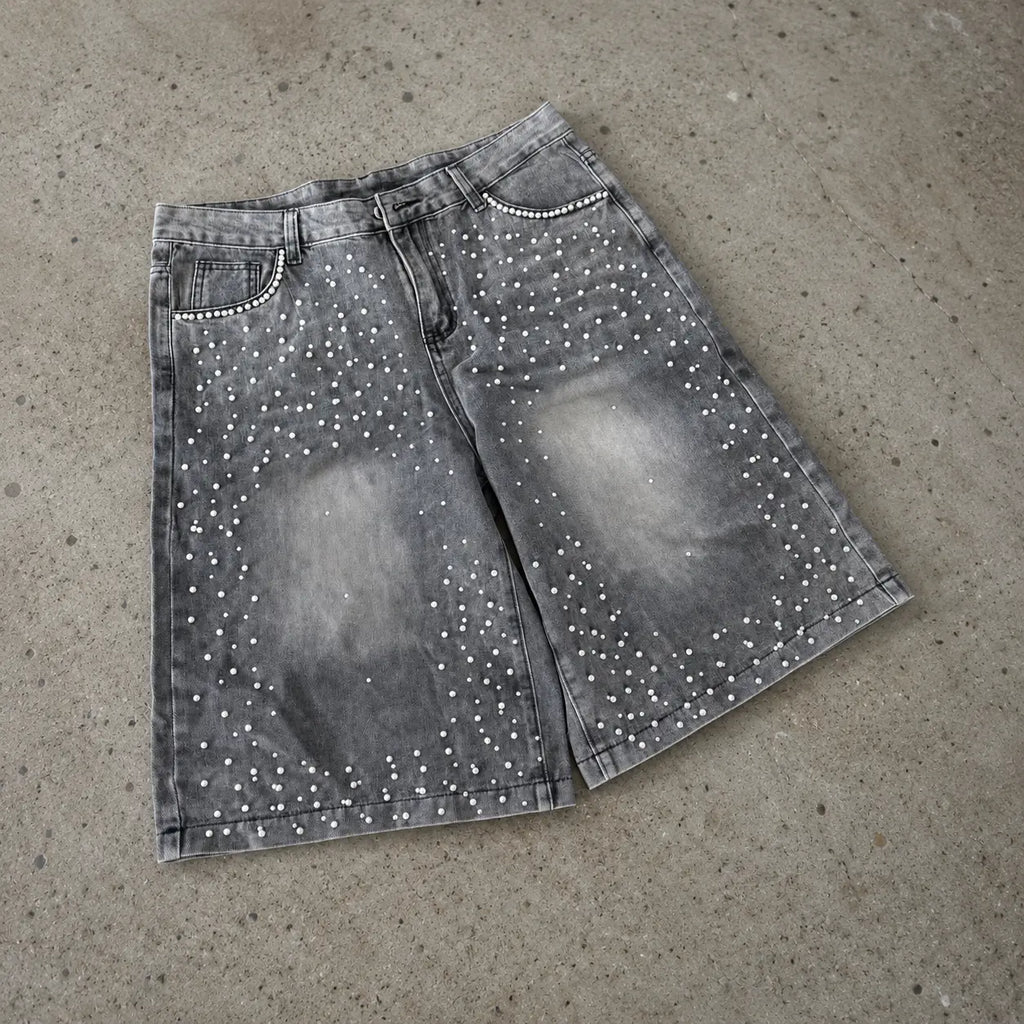 Y2k Trendy Letter Rhinestone Loose Denim Shorts