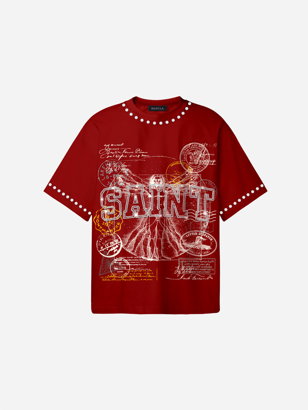 Saints Rhinestone Stamp Collage Vitruvian Graphic Cotton T-shirt