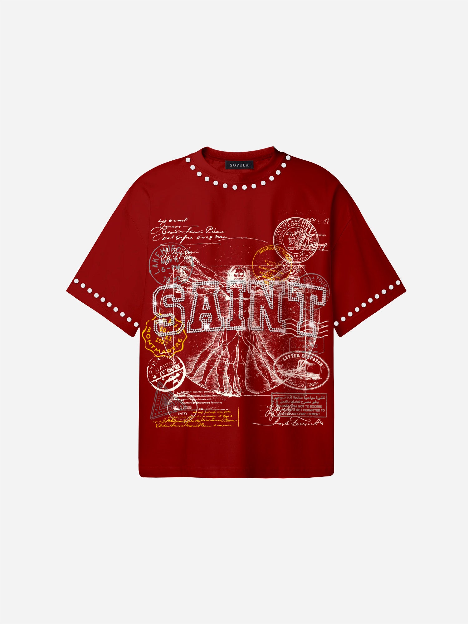Saints Rhinestone Stamp Collage Vitruvian Graphic Cotton T-shirt