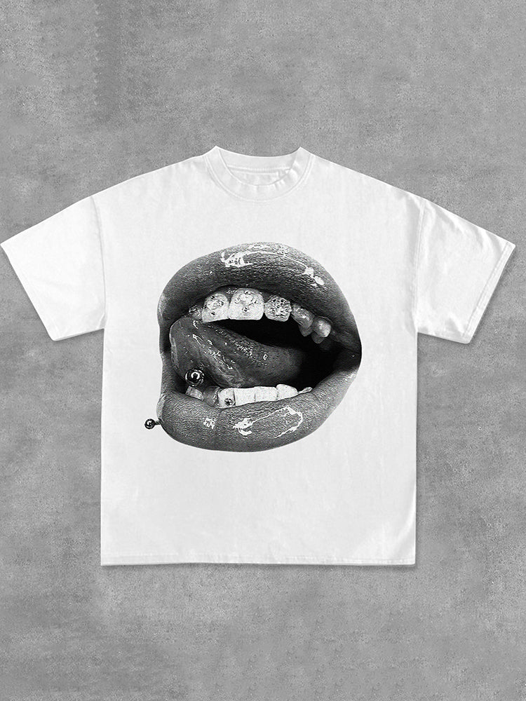 Personalized Lip Graphic Print Vintage Cotton T-Shirt