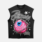 Color-blocked Spiked Eyes Chain Letters Graphic Tank Top