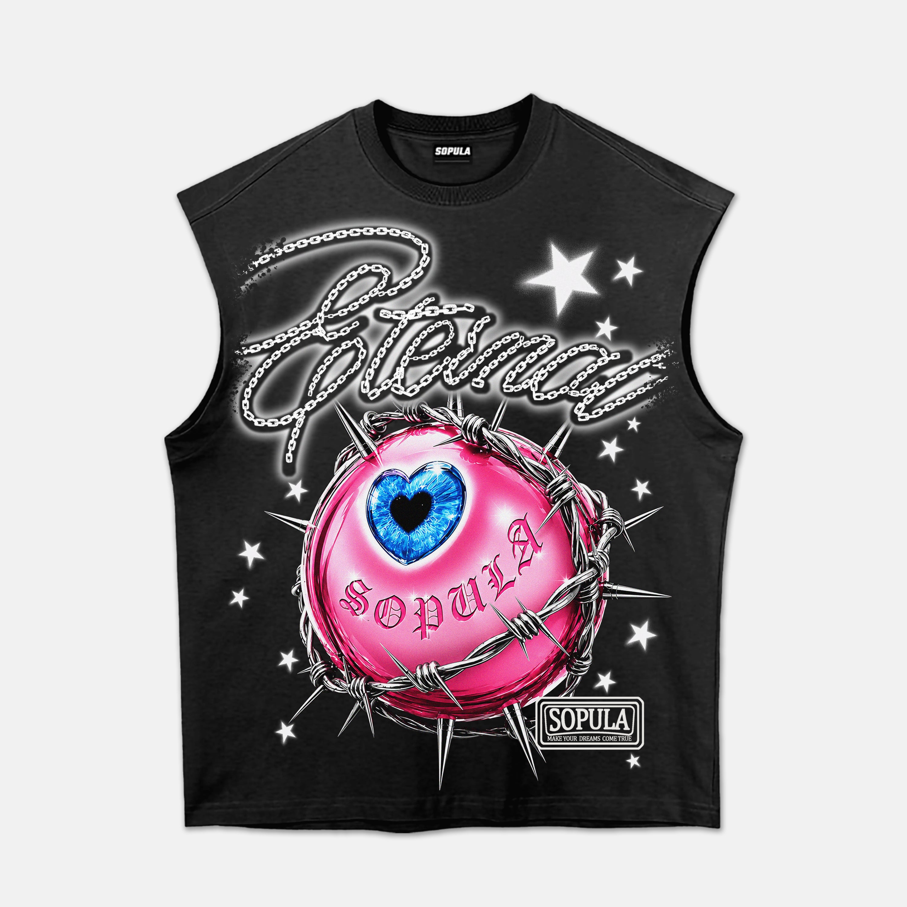 Color-blocked Spiked Eyes Chain Letters Graphic Tank Top