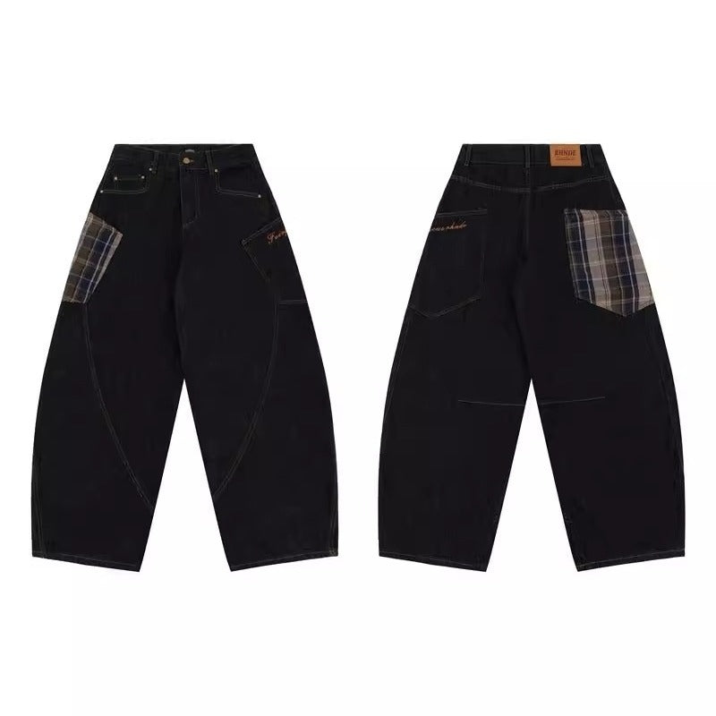 Men's Fashionable Plaid Patchwork Curved Jeans