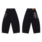 Men's Fashionable Plaid Patchwork Curved Jeans
