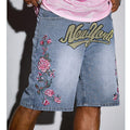 Men's Fashion Floral Letter Embroidered Denim Shorts Jorts