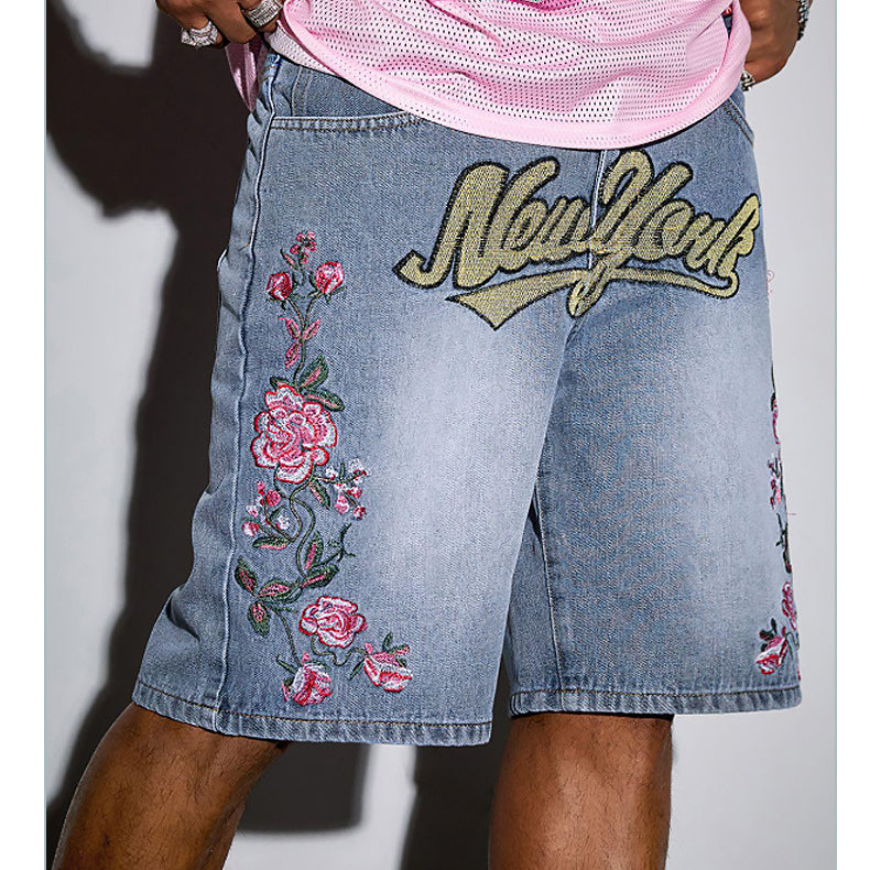 Men's Fashion Floral Letter Embroidered Denim Shorts Jorts